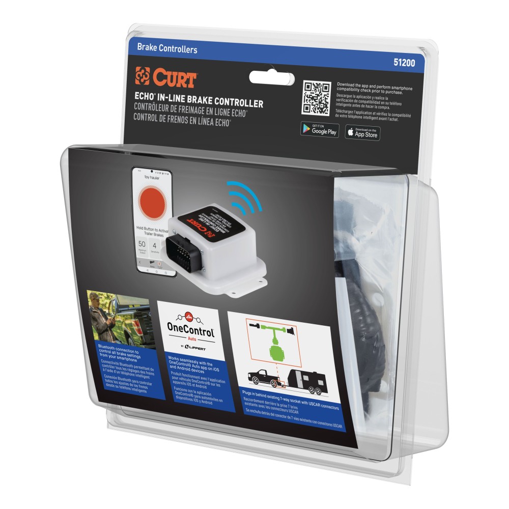 CURT Echo Bluetooth Trailer Brake Controller for Smartphones CURT Echo in-line Bluetooth trailer brake controller connected to a smartphone showing brake monitoring app.