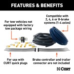 CURT trailer brake controller wiring kit, compatible with up to 8-brake systems, including cables and circuit breaker.