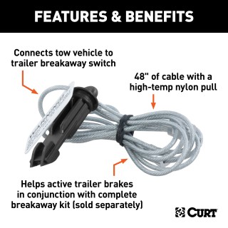 CURT Breakaway Kit Lanyard Pin with 48-Inch Cable CURT breakaway kit lanyard pin featuring a 48-inch cable for trailer safety