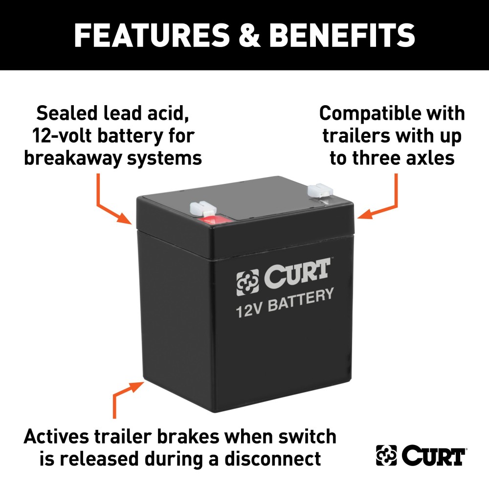CURT 12-Volt Breakaway Kit Battery for Trailer Brake Systems 12-volt CURT breakaway kit battery for electric trailer brakes and safety compliance.