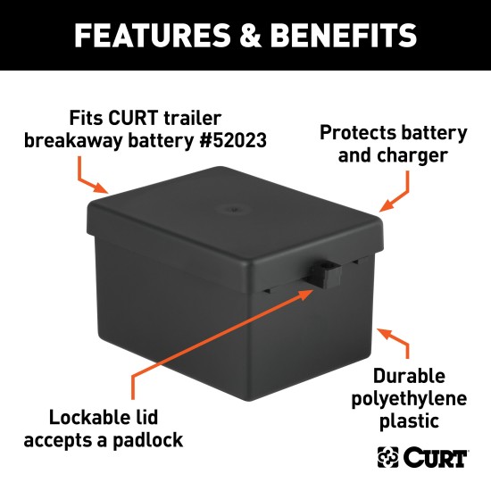 CURT Breakaway Kit Replacement Battery Case for Trailers Durable CURT replacement battery case for trailer breakaway kits, lockable and weather-resistant.
