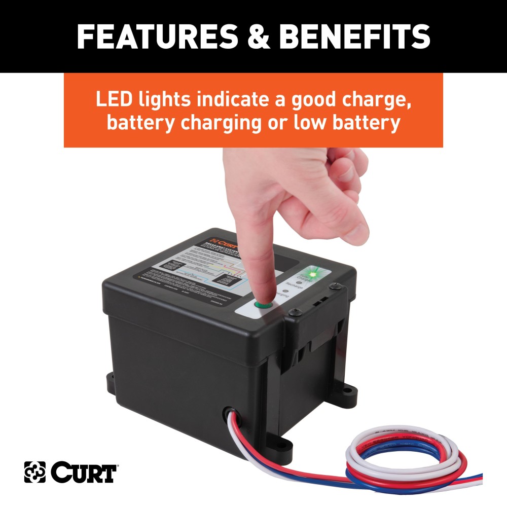 CURT Breakaway Kit ensures safety for trailers with electric brakes, featuring a push-to-test battery case, meeting DOT standards.