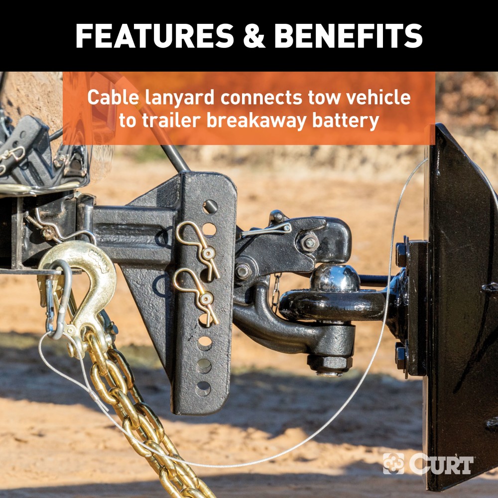 CURT Breakaway Kit ensures safety for trailers with electric brakes, featuring a push-to-test battery case, meeting DOT standards.