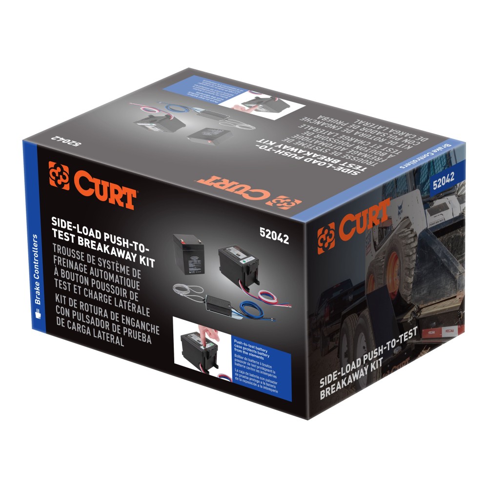 CURT Breakaway Kit ensures safety for trailers with electric brakes, featuring a push-to-test battery case, meeting DOT standards.