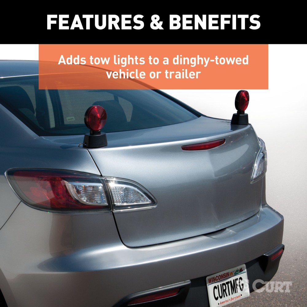 CURT Magnetic Tow Lights for Safe Dinghy Towing Solutions CURT magnetic tow lights with 20-foot wiring, non-scratch base and universal compatibility