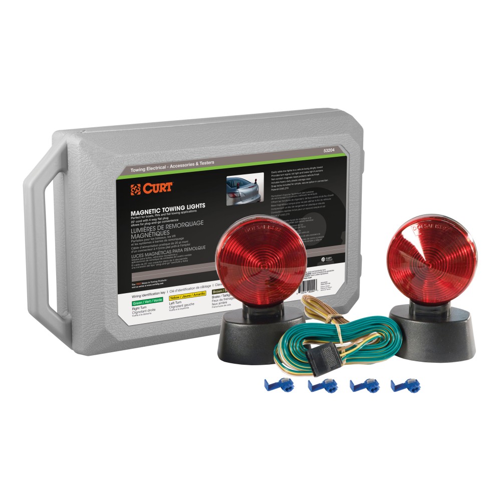 CURT Magnetic Tow Lights with Non-Scratch Magnetic Base CURT magnetic tow lights with a 20-ft cord, 4-way plug, and non-scratch magnetic base for safe vehicle towing.