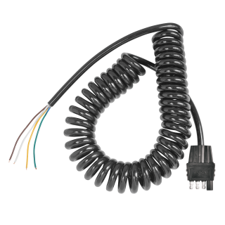 Coiled 16 Gauge Cable with 4 or 5-Way Flat Trailer Connectors Coiled 16-gauge cable with 4-way or 5-way flat trailer end connectors, extends to 11 feet.