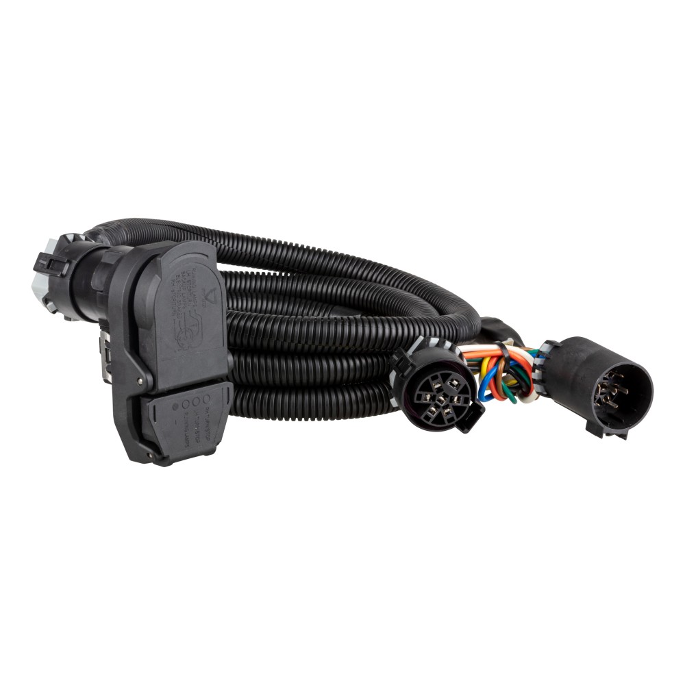 CURT 7-ft 5th Wheel Gooseneck Extension Harness for Trailers 7-foot CURT extension harness with dual-output socket for truck bed and rear socket.