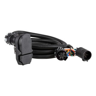 CURT 7-ft 5th Wheel Gooseneck Extension Harness for Trailers 7-foot CURT extension harness with dual-output socket for truck bed and rear socket.