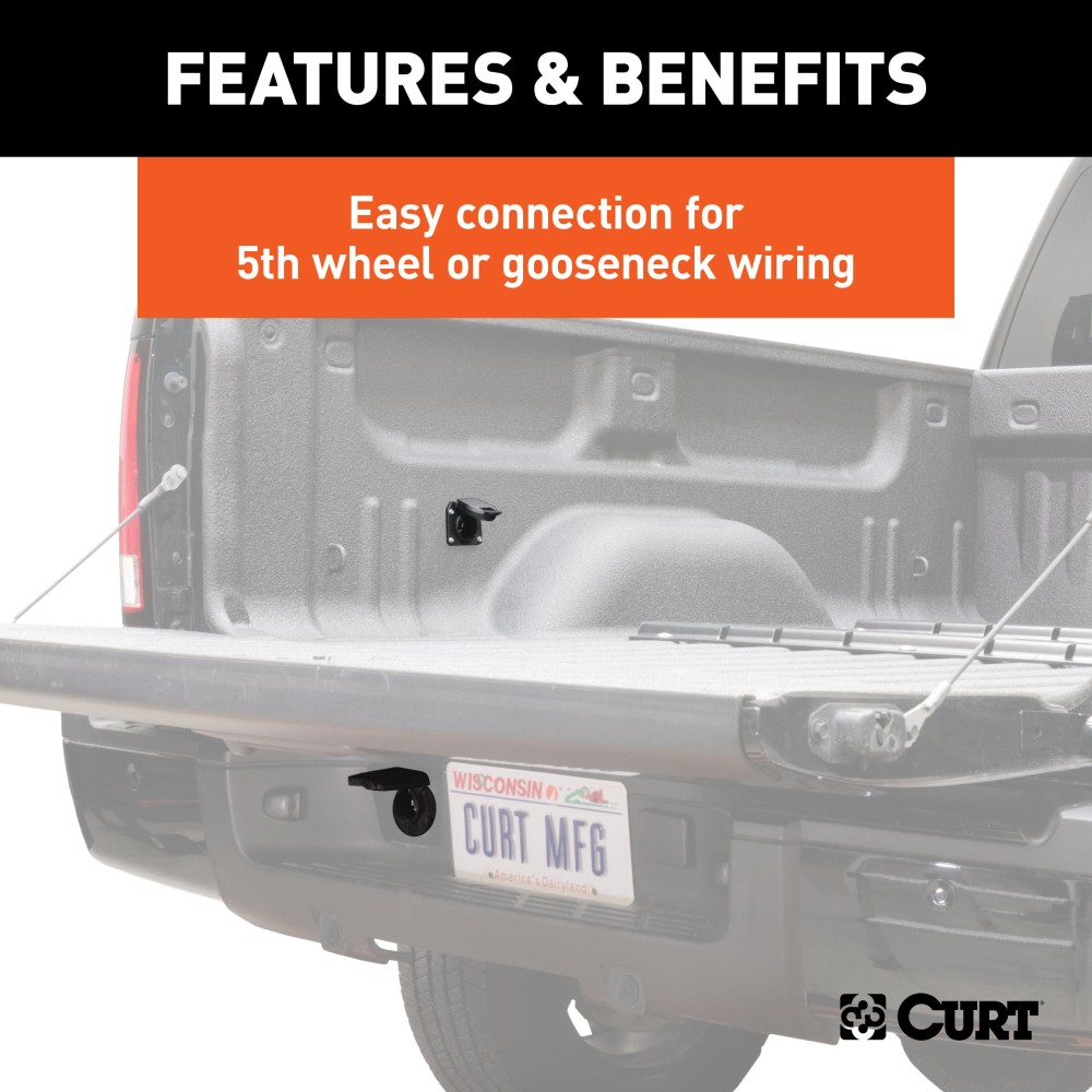 CURT 5th Wheel Gooseneck Extension Harness with 7-Way Connector CURT 5th wheel and gooseneck extension harness with 7-way RV blade connector, in a truck bed setup.