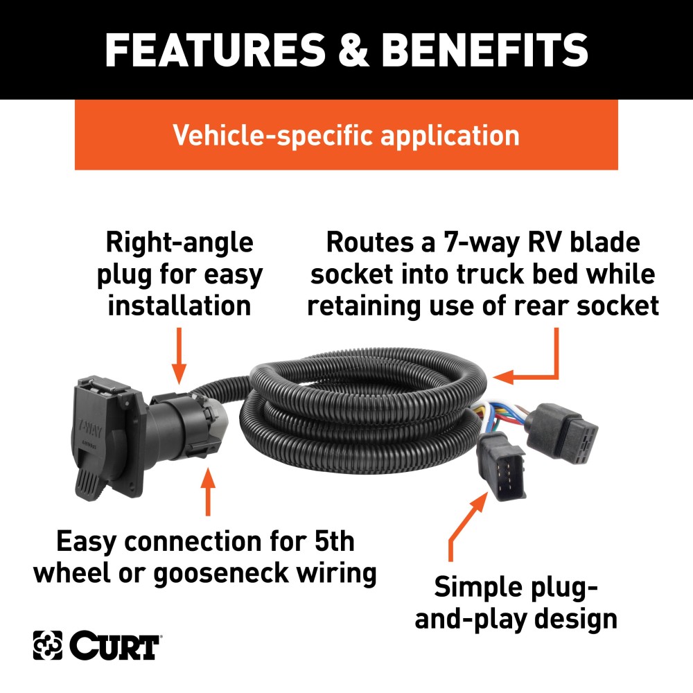 CURT 5th Wheel Gooseneck Extension Harness with 7-way RV Blade CURT extension harness for 5th wheel/gooseneck trailers, 7-way RV blade, designed for Dodge trucks