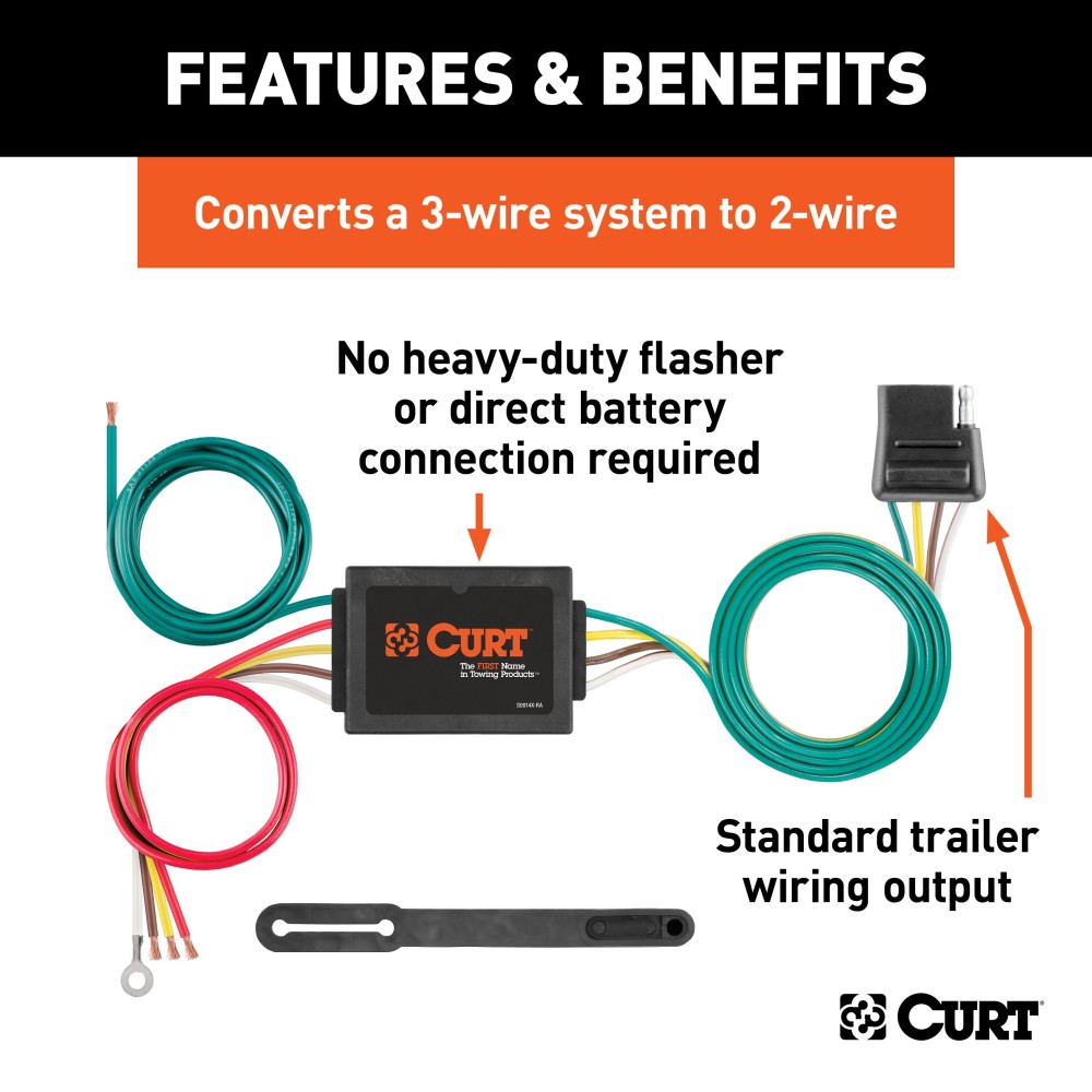 CURT Electrical Converter with 4-Way Flat Connector CURT electrical converter with 4-way flat socket and color-coded wires for easy vehicle trailer wiring conversion.
