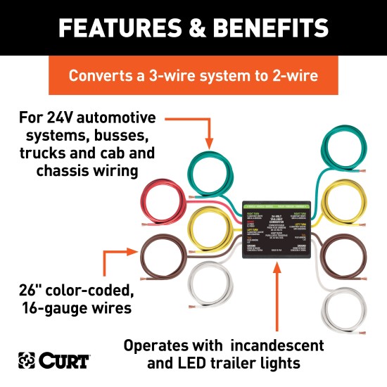 CURT 24V Electrical Converter for Trailer Tail Light Connection CURT electrical converter for 24V systems enabling trailer tail light connection