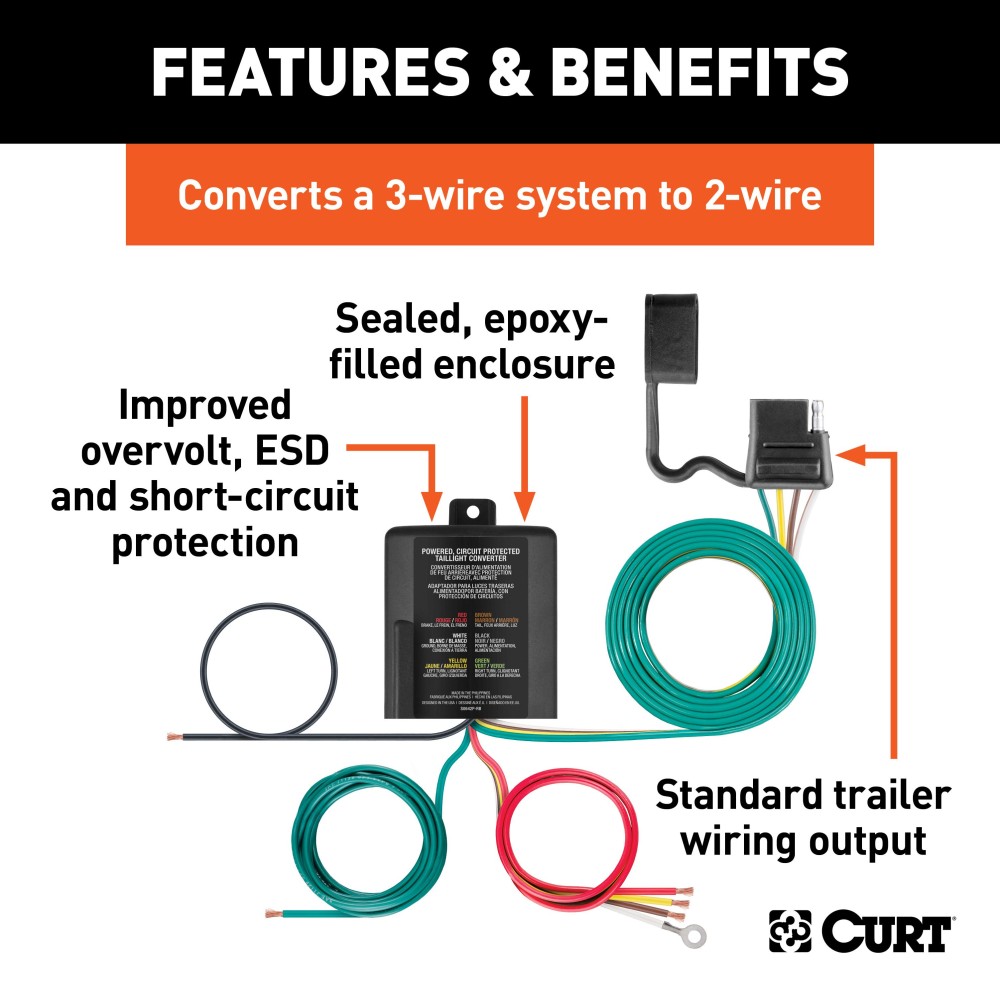 CURT Taillight Converter for Universal Trailer Wiring CURT taillight converter with 4-way flat output for trailer lights