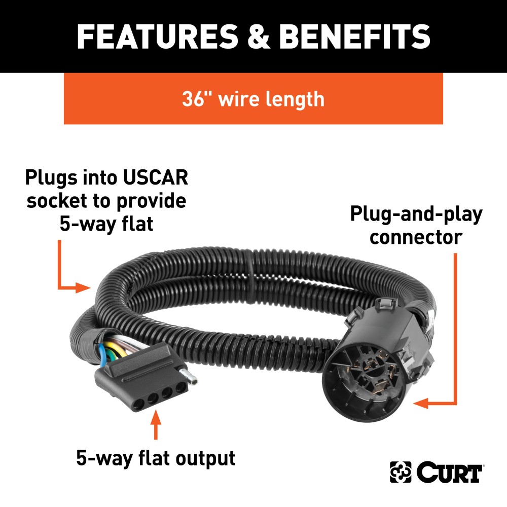 CURT custom wiring connector with 5-way flat socket for easy trailer wiring installation, no cutting needed