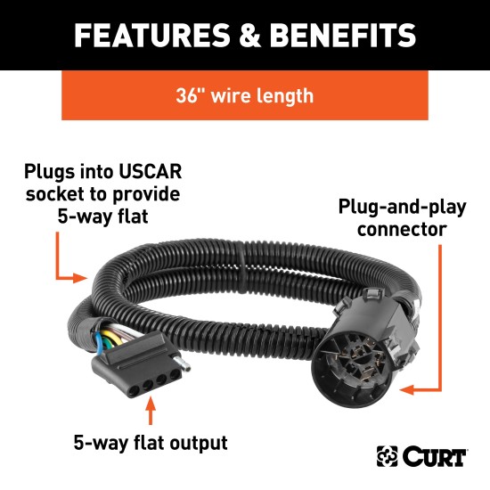 CURT custom wiring connector with 5-way flat socket for easy trailer wiring installation, no cutting needed