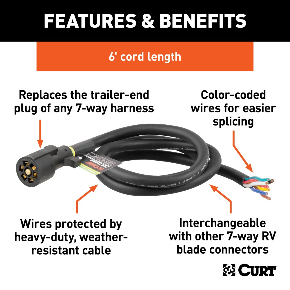 CURT 7-Way RV Blade Replacement Trailer Connector Harness 7-way RV blade replacement harness for trailer electrical connection with 6' cable and color-coded wires.