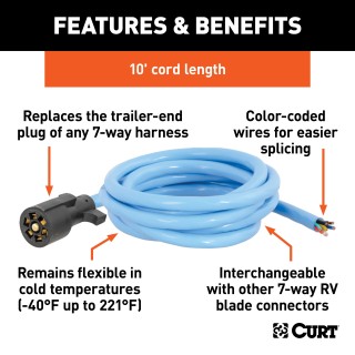 CURT Cold-Weather Replacement 7-Way RV Blade Harness - 10 Feet CURT cold-weather replacement 7-way RV blade harness with flexible casing for sub-zero temperatures, 10 feet long