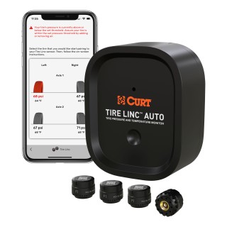 Tire Linc Auto TPMS by CURT - Real-Time Tire Monitoring System Tire Linc Auto TPMS system showing sensors and smartphone with app monitoring tire pressure and temperature