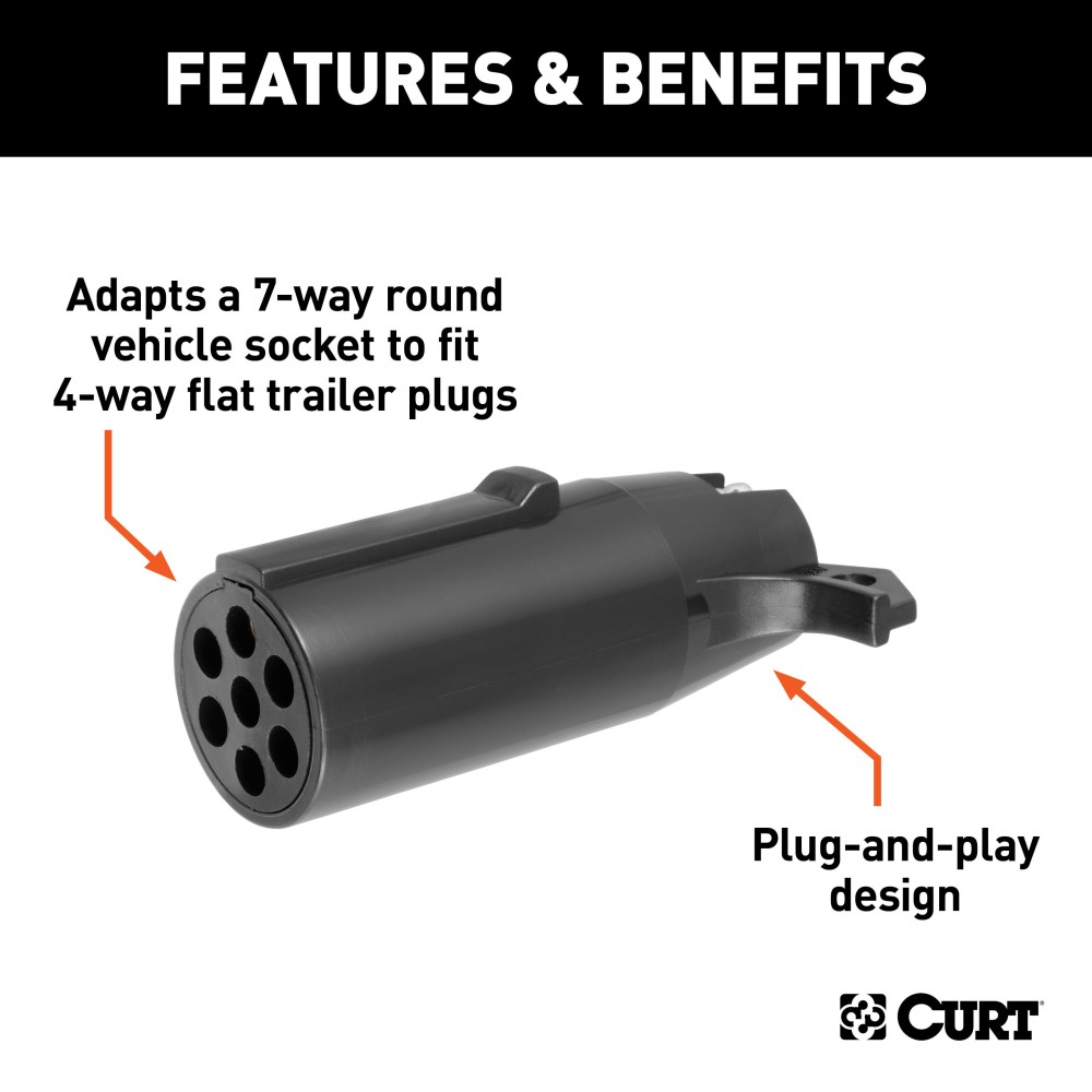 CURT Electrical Adapter for 7-Way Round to 4-Way Flat Plug CURT adapter connecting 7-way round socket to 4-way flat trailer plug
