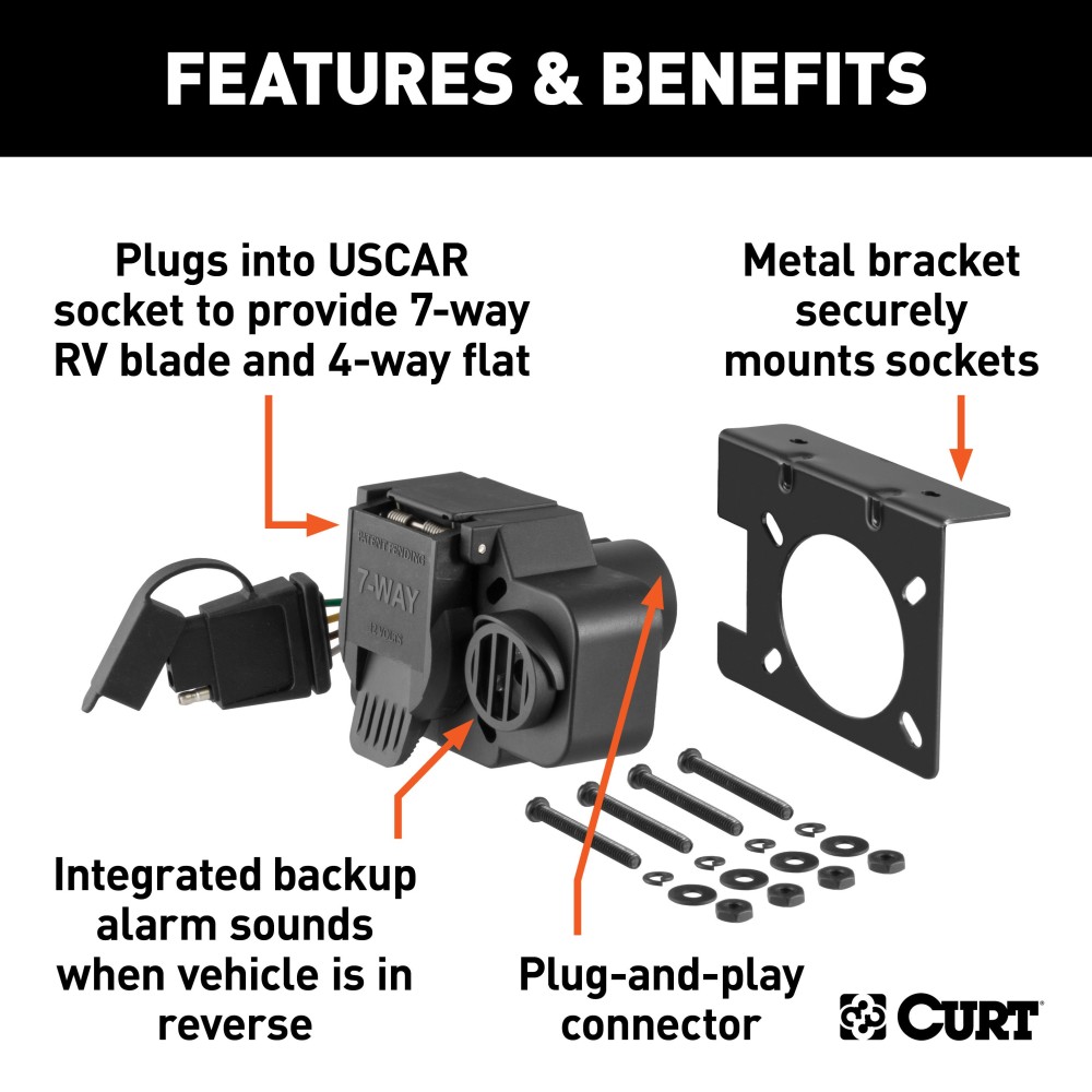CURT Custom OE Vehicle-to-Trailer 7-Way and 4-Way Connector CURT custom 7-way and 4-way vehicle-to-trailer wiring connector with backup alarm