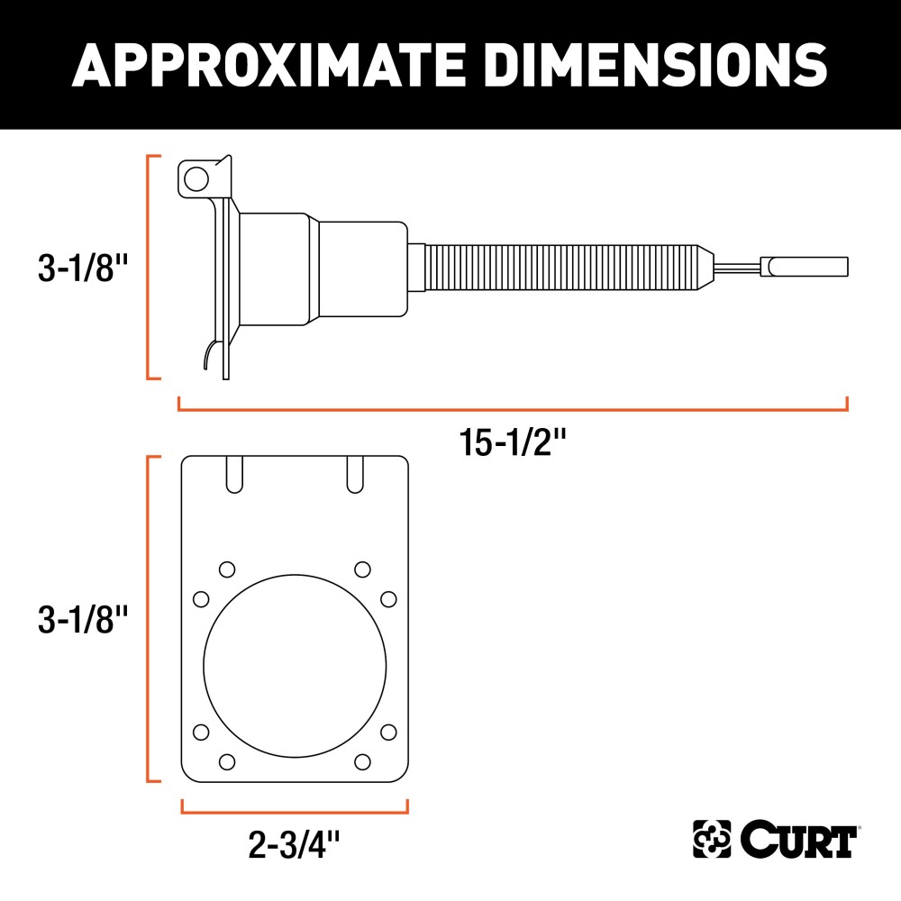 CURT Electrical Adapter for 4-Way Flat to 7-Way RV Blade CURT electrical adapter that connects a 4-way flat vehicle socket to a 7-way RV blade trailer plug with mounting bracket.