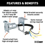 CURT Electrical Adapter for 4-Way Flat to 7-Way RV Blade CURT electrical adapter that connects a 4-way flat vehicle socket to a 7-way RV blade trailer plug with mounting bracket.