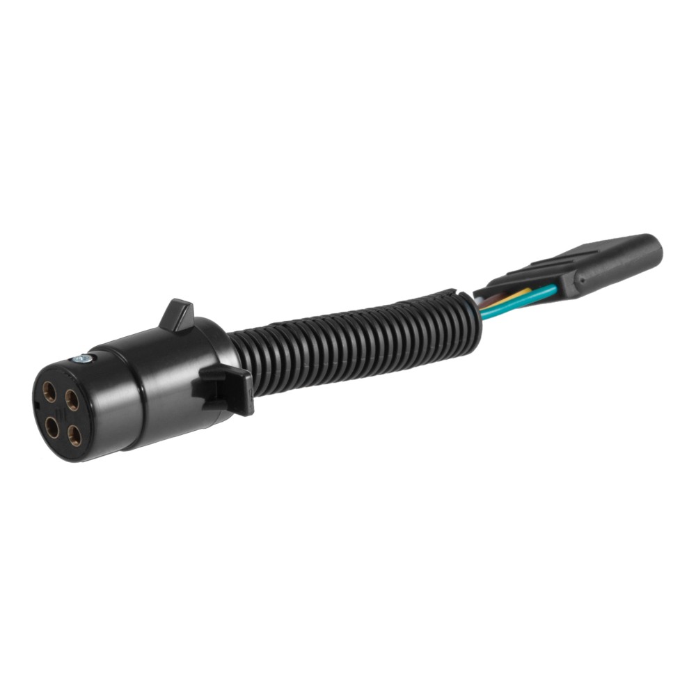 CURT Electrical Adapter for 4-Way Round to 4-Way Flat CURT electrical adapter to connect a 4-way round vehicle socket with a 4-way flat trailer plug.