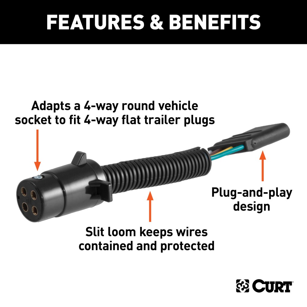 CURT electrical adapter adapts 4-way round vehicle socket to 4-way flat trailer plug without splicing.