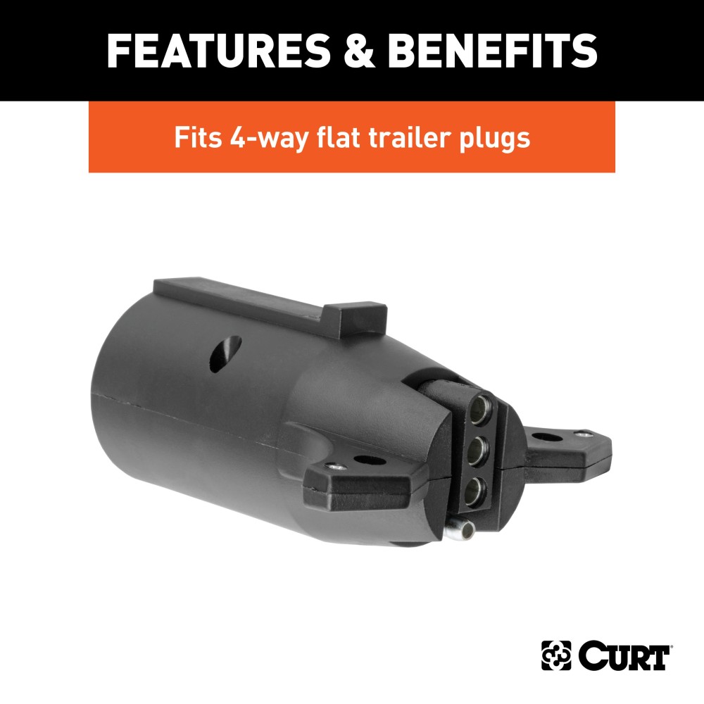 CURT Electrical Adapter 7-way RV Blade to 4-way Flat Plug CURT electrical adapter connecting 7-way RV blade vehicle socket to 4-way flat trailer plug