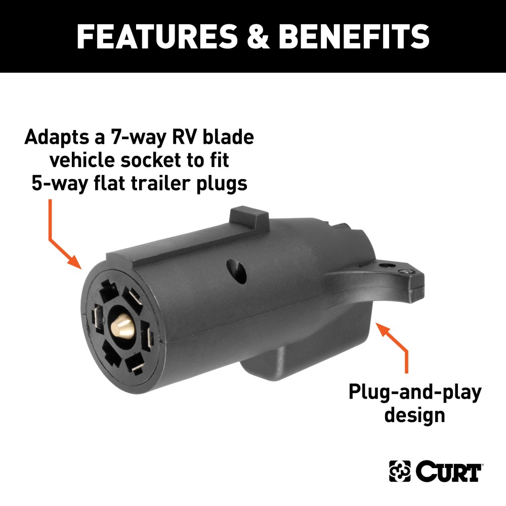 CURT Electrical Adapter for 7-Way to 5-Way Trailer Connection CURT 7-way RV blade to 5-way flat trailer electrical adapter