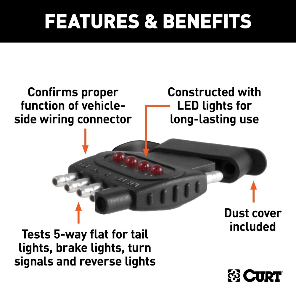 CURT Connector Tester for 5-Way Flat Trailer Lights CURT connector tester for 5-way flat socket, ensures proper function of vehicle lighting and signals