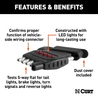 CURT Connector Tester for 5-Way Flat Trailer Lights CURT connector tester for 5-way flat socket, ensures proper function of vehicle lighting and signals