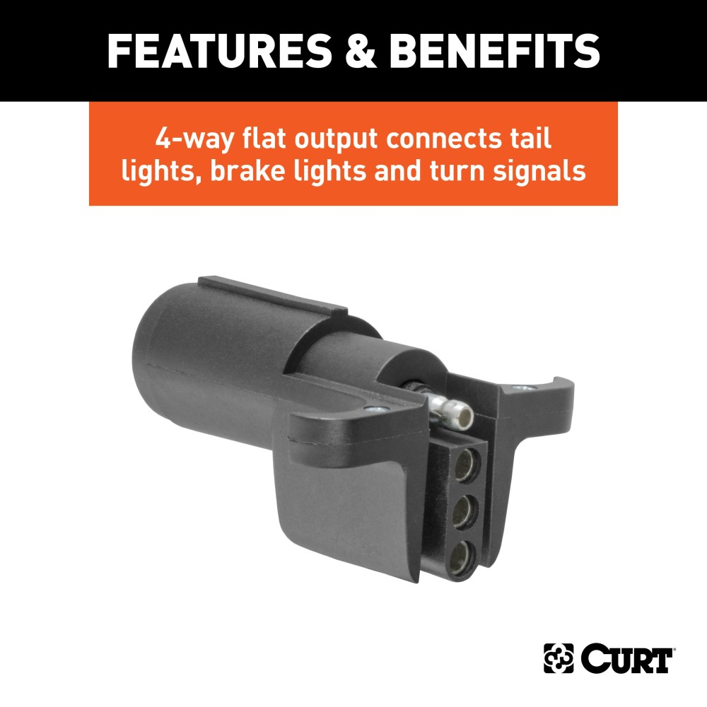 CURT Electrical Adapter for 6-Way Round to 4-Way Flat Plug CURT electrical adapter converting a 6-way round socket to a 4-way flat plug.