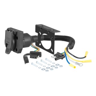 CURT Dual Output Electrical Adapter for Multi-Function Trailer Plugs CURT electrical adapter with 4-way flat and 7-way RV blade connectors, dust covers, and mounting bracket.