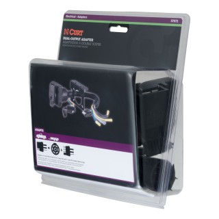 CURT Dual Output Electrical Adapter for Multi-Function Trailer Plugs CURT electrical adapter with 4-way flat and 7-way RV blade connectors, dust covers, and mounting bracket.