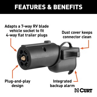 CURT 7-Way Blade to 4-Way Flat Trailer Adapter with Alarm CURT electrical adapter for 7-way RV blade to 4-way flat with backup alarm and dust cover