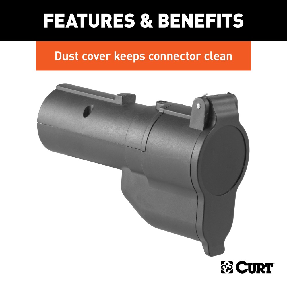 CURT Electrical Adapter with Backup Alarm and Dust Cover CURT electrical adapter extends 7-way RV blade connector with backup alarm and dust cover