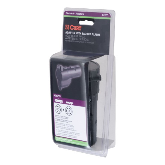 CURT Electrical Adapter with Backup Alarm and Dust Cover CURT electrical adapter extends 7-way RV blade connector with backup alarm and dust cover