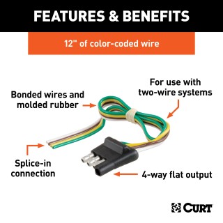 CURT 4-Way Flat Trailer Connector for Electrical Systems CURT 4-way flat trailer connector with bonded 16-gauge wires for tail lights, turn signals, and brake lights.