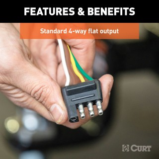 CURT 4-Way Flat Trailer Connector for Electrical Systems CURT 4-way flat trailer connector with bonded 16-gauge wires for tail lights, turn signals, and brake lights.