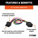 CURT 6-way square connector for trailer with durable rubber-molded construction and color-coded wire loop.