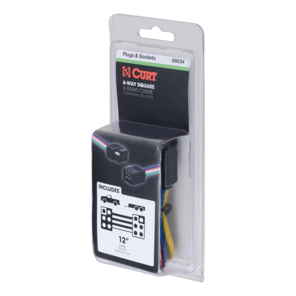 CURT 6-way square connector for trailer with durable rubber-molded construction and color-coded wire loop.