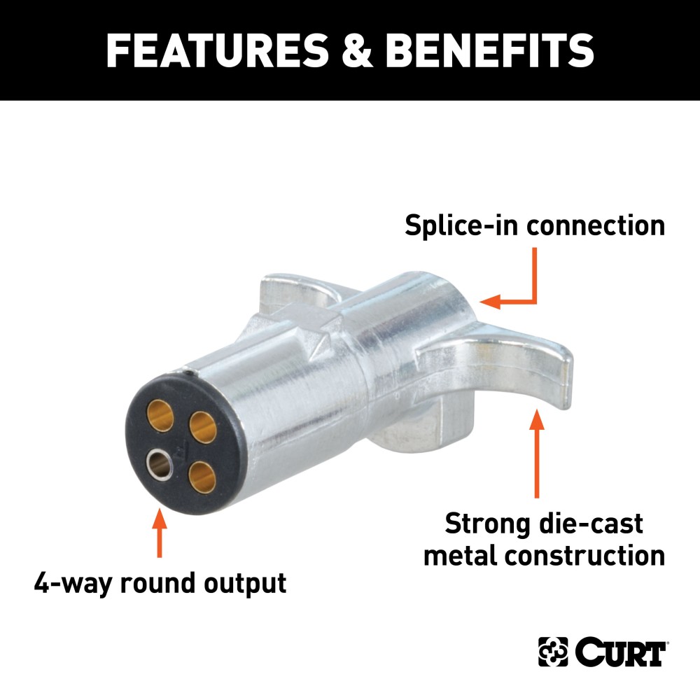 CURT 4-Way Round Trailer Connector for Tail and Brake Lights CURT 4-way round trailer connector with die-cast metal construction