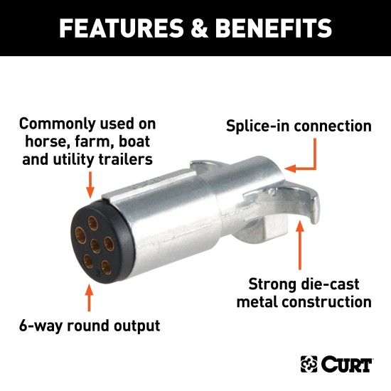 CURT 6-Way Round Trailer Electrical Connector - Male Plug CURT 6-way round male electrical connector for trailer with die-cast metal construction