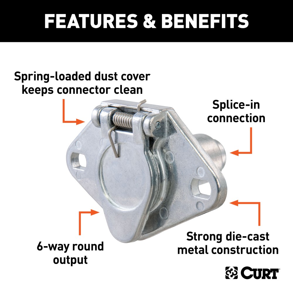 CURT 6-Way Round Vehicle-Side Electrical Connector CURT 6-way round vehicle-side electrical connector with durable construction and spring-loaded steel cover