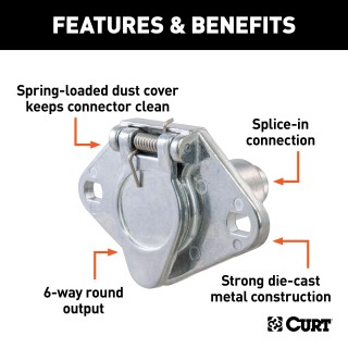 CURT 6-Way Round Vehicle-Side Electrical Connector CURT 6-way round vehicle-side electrical connector with durable construction and spring-loaded steel cover
