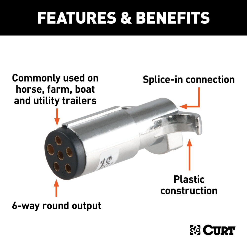 CURT 6-Way Round Trailer Side Electrical Connector CURT 6-way round electrical connector for trailers, featuring rust-free chrome plastic construction.