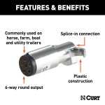 CURT 6-Way Round Trailer Side Electrical Connector CURT 6-way round electrical connector for trailers, featuring rust-free chrome plastic construction.