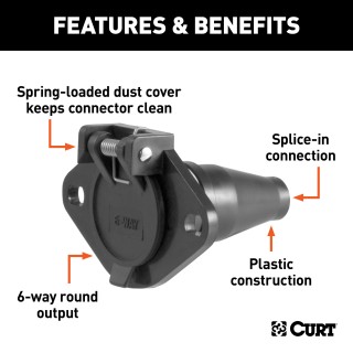 CURT 6-Way Round Electrical Vehicle Side Connector CURT 6-way round connector for vehicle side in black plastic with spring cover
